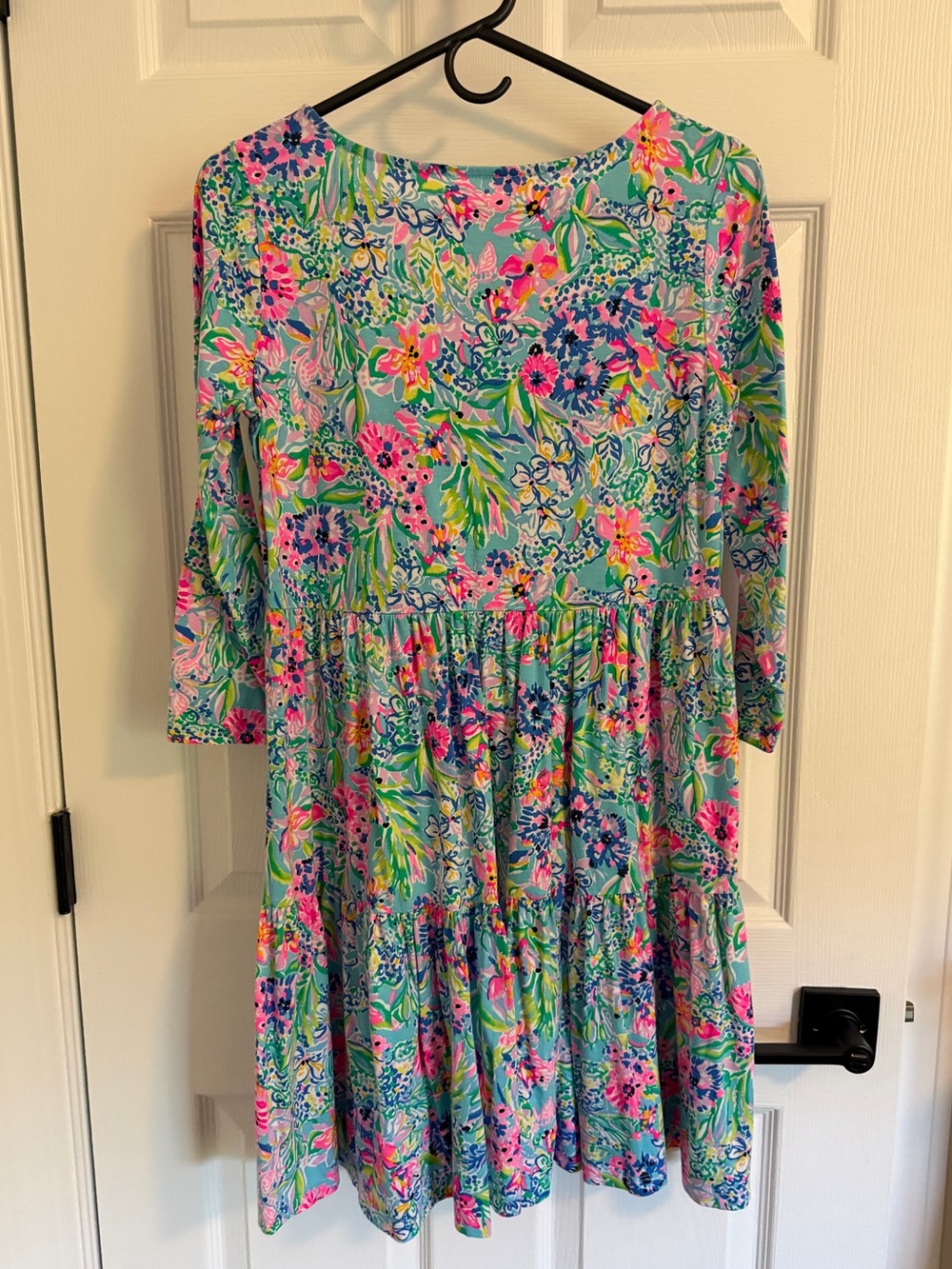 Lilly Pulitzer Aqua Floral Tiered Dress with Pink & Green Accents